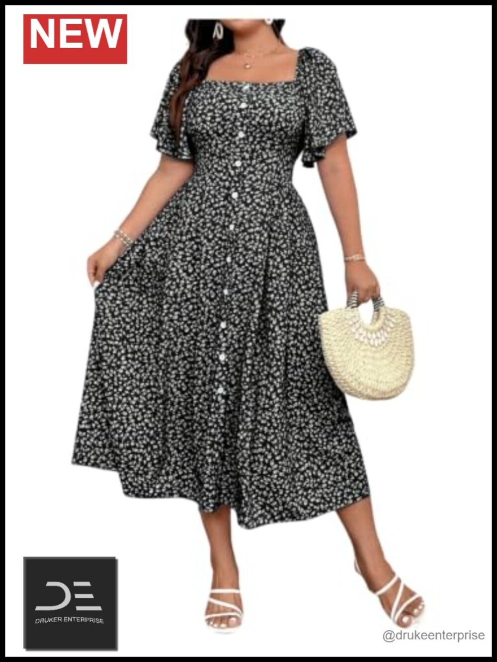 Plus Size Boho Floral Button Front Flowy A-Line Dress Ruffle Sleeve
